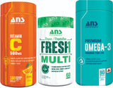 ANS Performance Omega-3 Fish Oil 100mg Caps 90 Ser+Vitamin C 500 gm  100 Chewable Tabs+Fresh1 Multi 60 ser 1-A-Day Vegan & Plant Source Veg Capsules